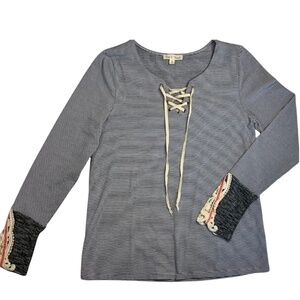 HEM & THREAD Women's Black & White Striped Long‎ Sleeve Shoelace Tie Top sz S